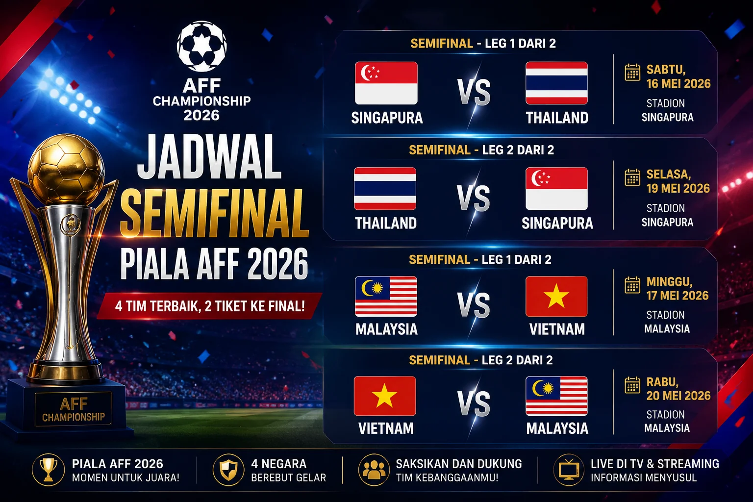 Jadwal Semifinal Piala AFF dan Final AFF 2026, Cek Tanggal dan Timnya