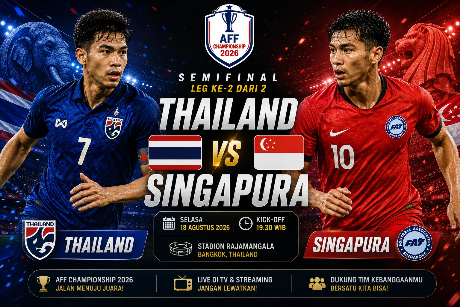 Jadwal dan Prediksi Skor Thailand vs Singapura Leg 2 Piala AFF
